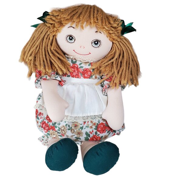 Vintage 1991 Commonwealth Toy Rag Doll Yarn Hair Floral Dress Stitched Face 17" - Picture 4 of 6